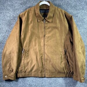 Jos A Bank Bomber Jacket Mens Large Brown Suede Plaid Removable Liner Zip Pocket